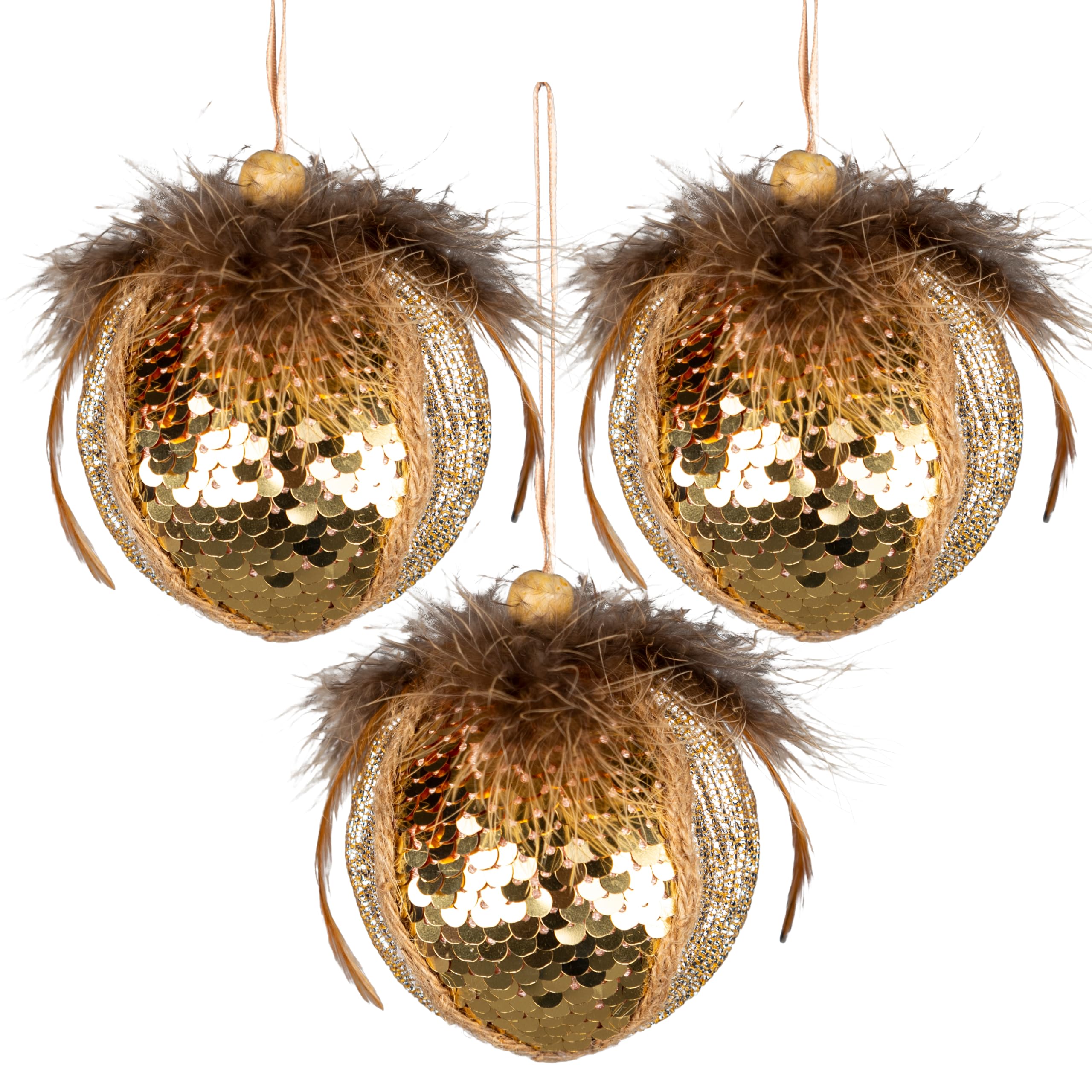 3Pcs Gold Sequin Bauble 7cm - Christmas Tree Hanging Decorations Festive Decorative Ornaments Fairy Tale Themed Xmas Tree Pendant