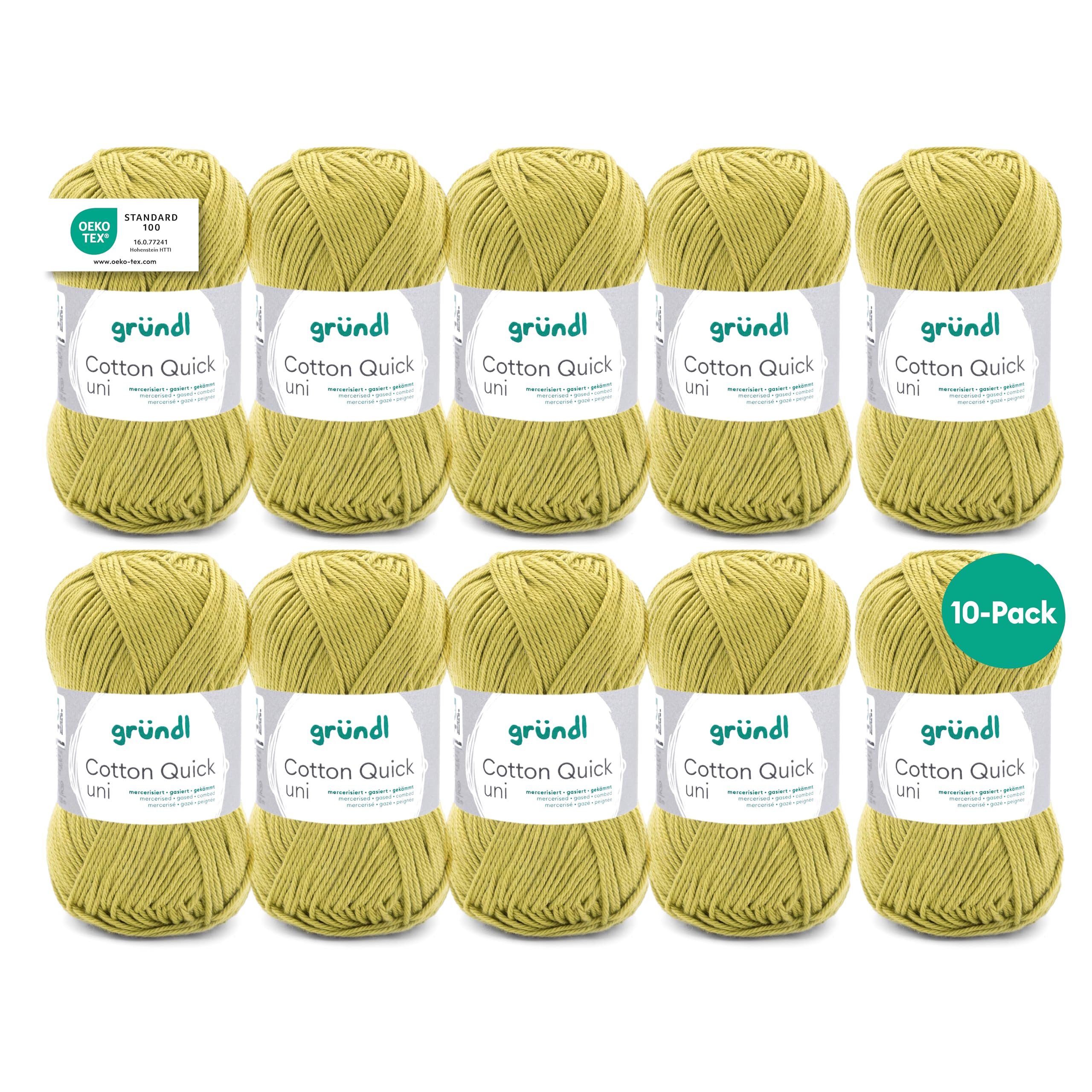 Gründl Wool Cotton Quick Plain - Thin Wool for Crocheting - Knitting Yarn - Crochet Yarn - Shiny and Skin Friendly - 100% Cotton - 10 Balls 50 g / 125 m - Needle Size 3-4 - Light Olive