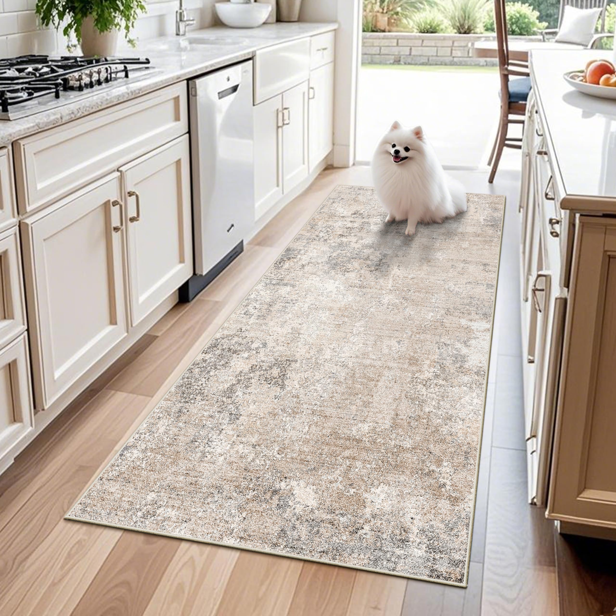 Photo 1 of 3x6 Non-Slip Washable Kitchen Rug - Soft Wide Indoor Carpet Runners for Entryway, Hallway, Bathroom with Rubber Backing, Modern Distressed Low-Pile Thin Floor Runner (Beige Grey,3x6)