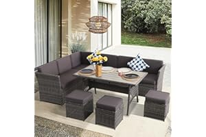 YOCONYO Patio Furniture Set, 7 Pieces Patio Dining Sets, All Weather Outdoor Wicker Conversation Loveseat Set with Dining Table, Ottoman (G-Gray)