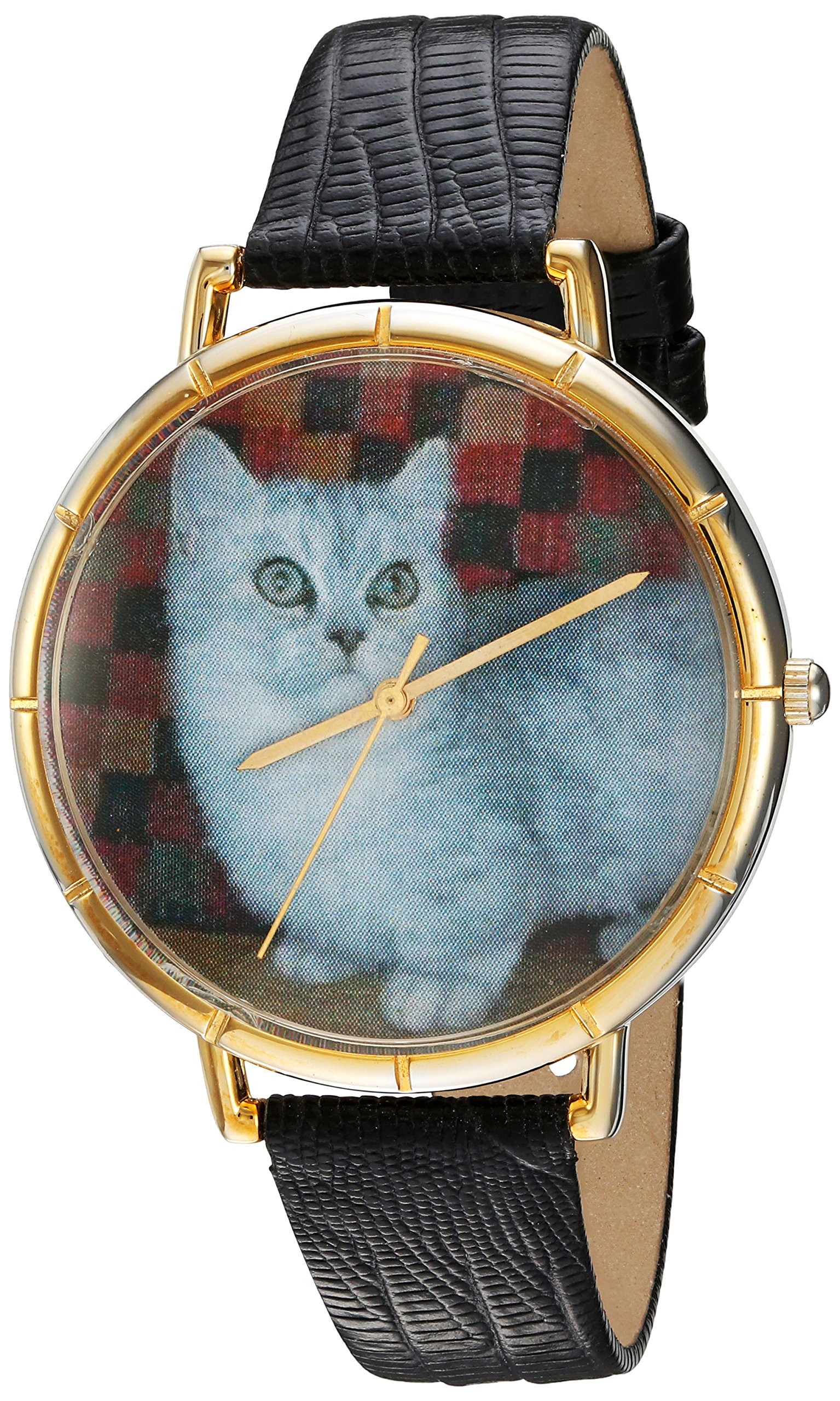 Whimsical Watches Munchkin Cat Black Leather and Goldtone Photo Unisex Quartz Watch with White Dial Analogue Display and Multicolour Leather Strap N-0120047
