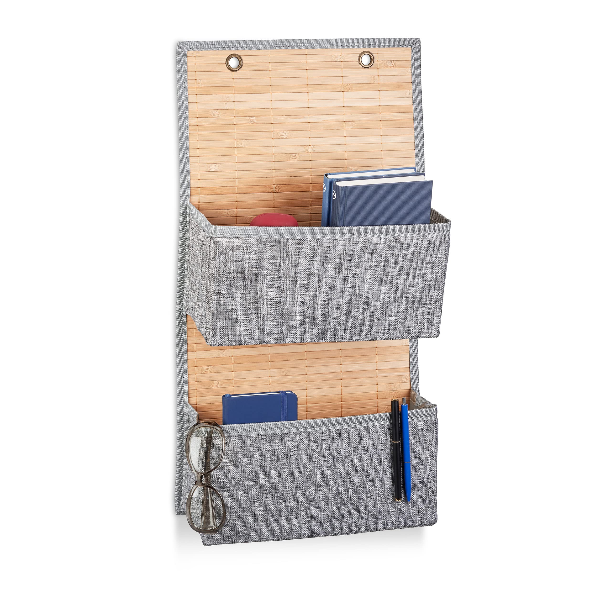 Relaxdays Hanging Storage for Bathroom & Hallway, 2 Compartments Door Organiser 62 x 33 x 12 cm, Bamboo & Fabric, Gray