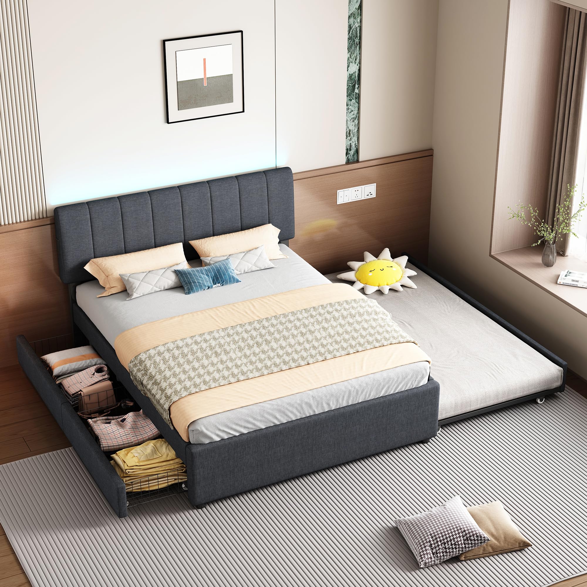 Photo 1 of ***BOX 2 OF 2 ONLY***FAVSH Full Size Upholstered Platform Bed with Trundle & 2 Drawers and 1 Sets of USB, Linen Fabric Full and Twin Double Bed w/LED Lights with APP for Bedroom,Dark Gray