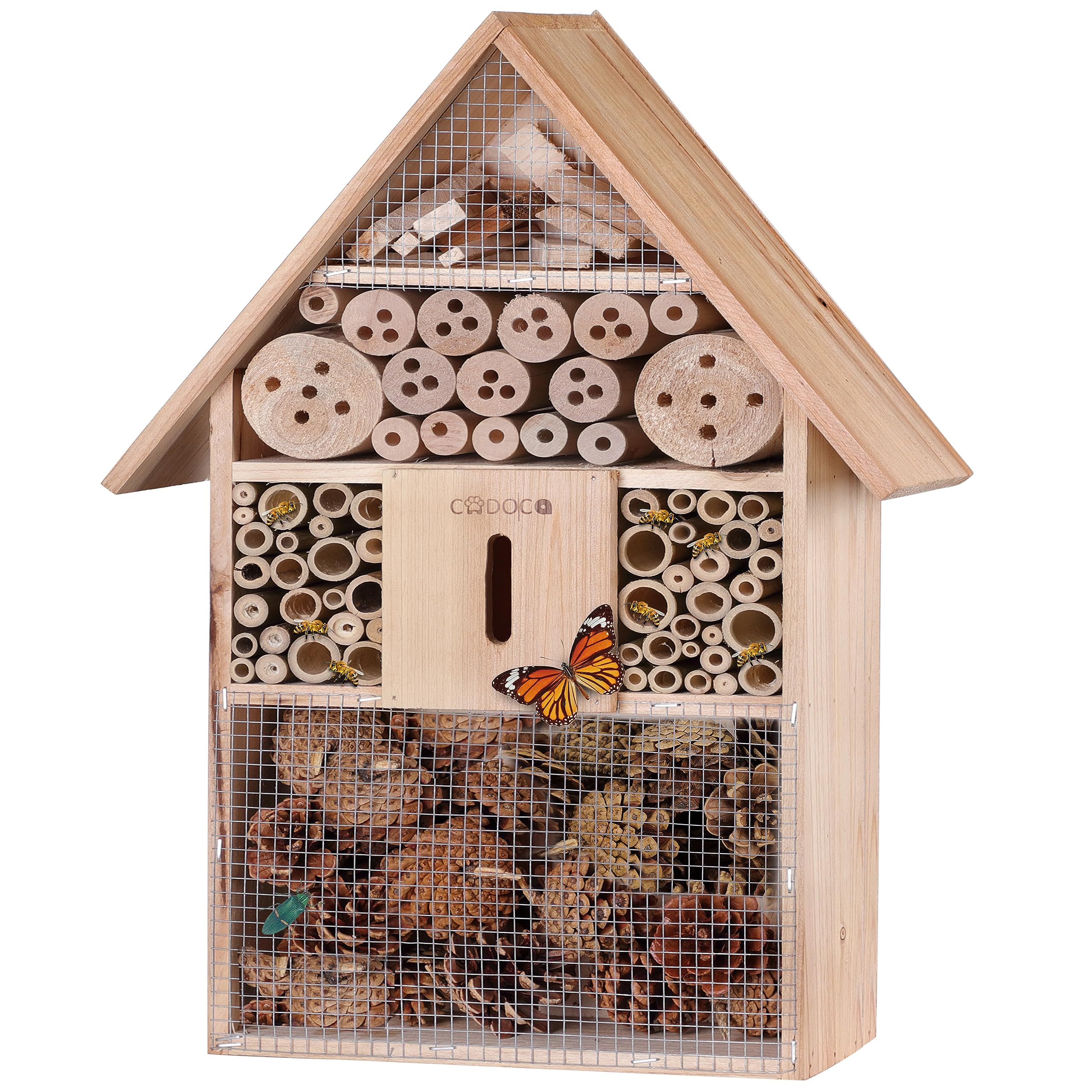 CADOCA® XXL Insect Hotel | 48x31x10cm | Wooden Pitched Roof Garden Bee Hotel | Natural Wood Weatherproof Hanging Bug House Nest Box Nesting Habitat Bees Butterflies Ladybirds Gardening Home