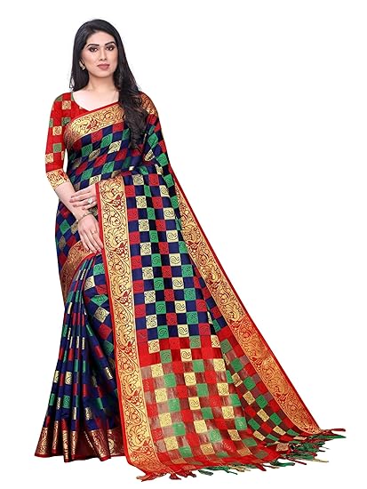 Checkered Kanjivaram Jacquard Cotton Silk Saree with Blouse Piece.