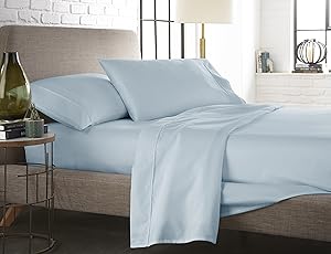 Westbrooke Linens 500 Thread Count 100% Long-Staple Cotton Pleated Hem Sheet Set, Solid Sateen Weave, Wrinkle Free, Elastic Deep Pocket, Hotel Collection, Luxury Bedding Sheet Set (King, Blue Sky)