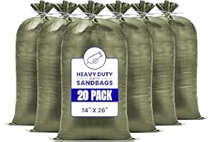 CARRYWELL (Not Made in China) 20 Pack, Heavy Duty Sand Bags for Flooding, Empty W/Tie Strings, UV Protection for 1600 Hours, Flood Water Barrier Sandbags,14in x 26in, Sandbag for Weight, 50lb Capacity