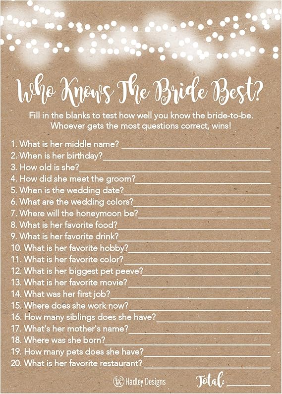Amazon Com 25 Kraft Rustic How Well Do You Know The Bride Bridal Wedding Shower Or Bachelorette Party Game Who Knows The Bride Best Does The Groom Couples Guessing Question Set Of Cards