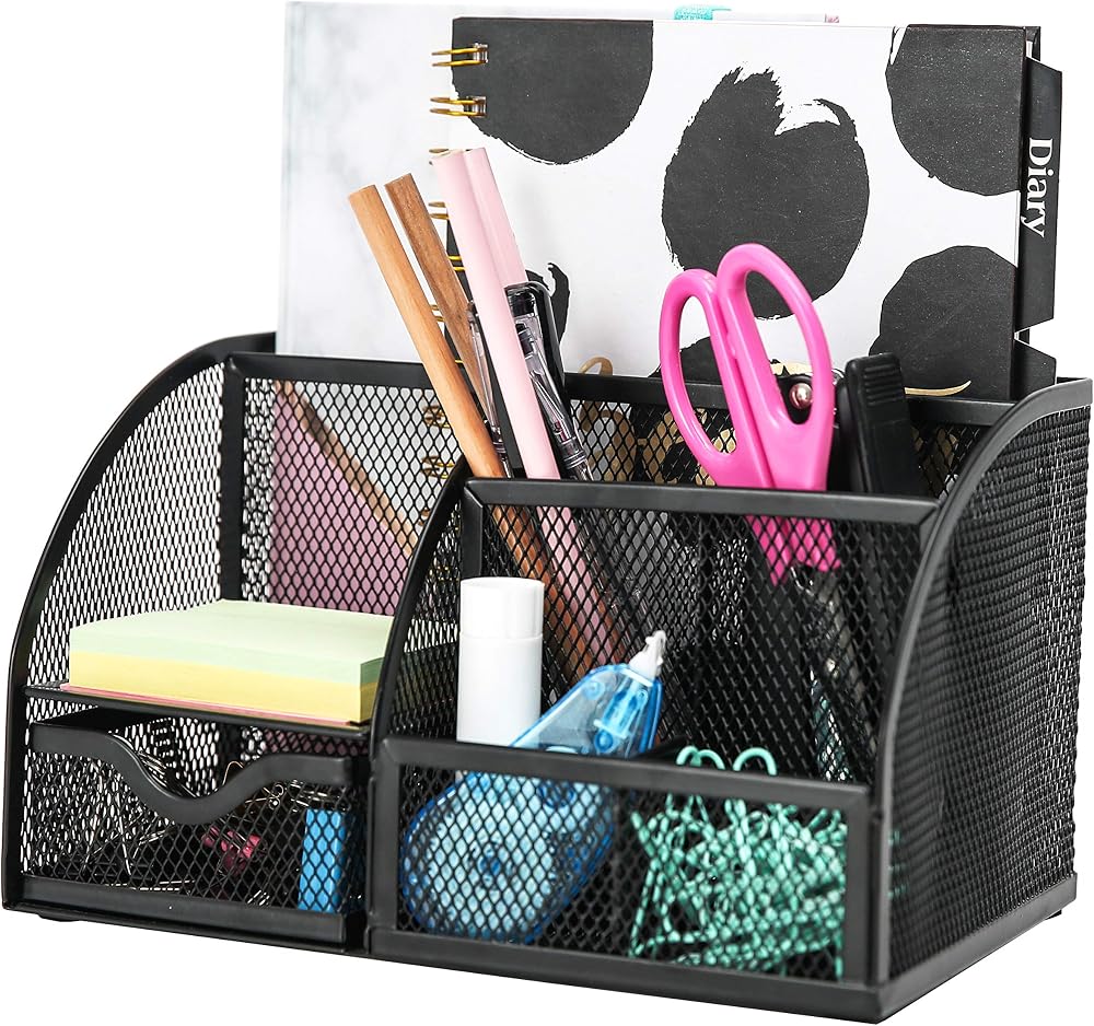 EXERZ Desk Organiser Mesh Desk Tidy Caddy Multifunctional 7 Compartments Black