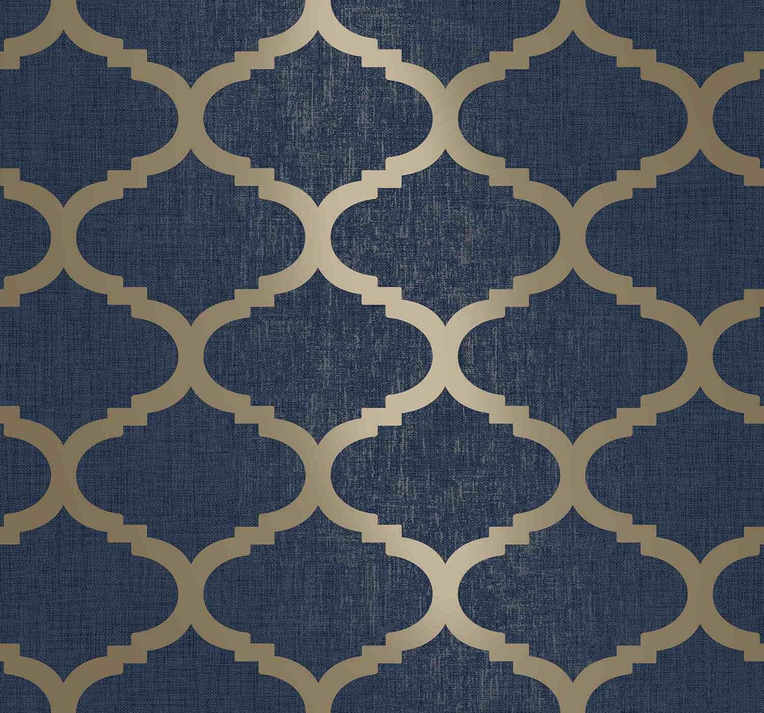Navy Gold Trellis Midnight Blue Moroccan Tile Geometric Metallic