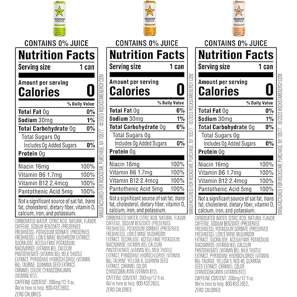 ROCKSTAR FOCUS, 3 FLAVOR VARIETY PACK (WHITE PEACH, LEMON LIME, ORANGE PINEAPPLE), 12 FL OZ CANS (PACK OF 12)