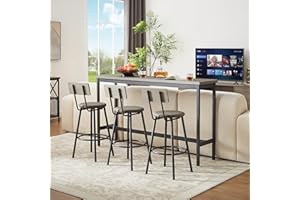 Elevon Long Bar Table Set with 3 PU Upholstered Bar Stools, Dining Table and Chair Sets, Industrial Tall Coffee Table and Back Chair for Kitchen, Living Room, Party Room, Small Space, Pub, Gray