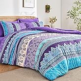 LXWORX Boho Comforter Set King Size Purple - 7 Pieces Bohemian Floral Striped Comforter and Sheet Set, Lightweight Bed in a Bag Complete Bedding Sets King Size for All Season (Purple,King)