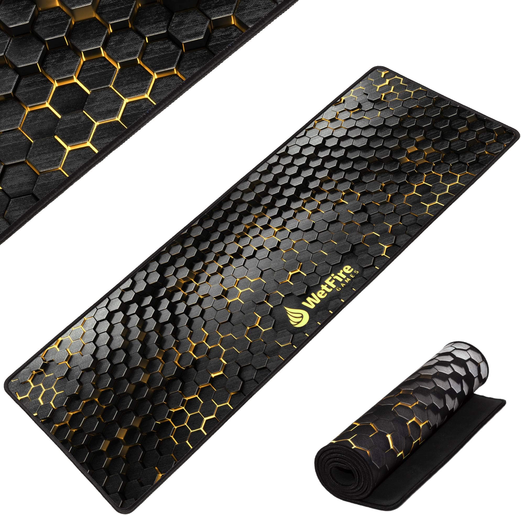 Extended Gaming Mouse Mat/Pad - XL Large, Wide (Long), Stitched Edges | 37.4W x 13L, 5mm Thickness (Black_Gold)