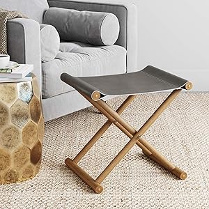 Nathan James Campaign Faux Leather Folding Wooden Stool, Solid Wood Frame with Soft Vegan Leather Seat, Gray