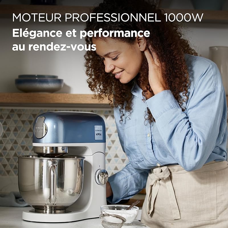 kMix - Robot Pâtissier Multifonction avec Bol en Acier Inoxydable 5 L, Moteur 1000 W, Corps en Métal, Kit Pâtisserie 3 Accessoires et Couvercle anti-Éclaboussures, Bleu (KMX760ABL)