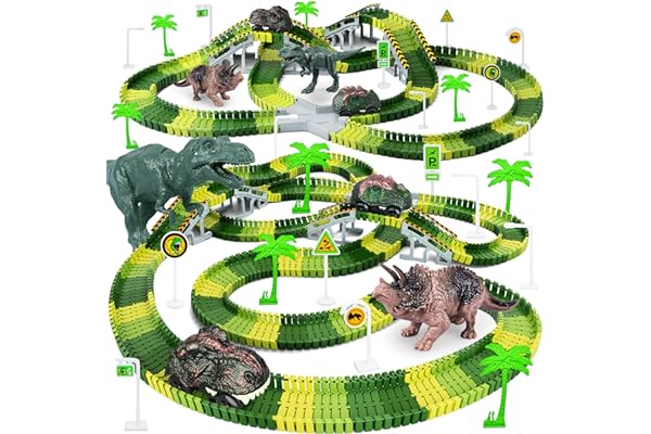 Dinosaur Toys, Create A Dinosaur World Road Race, Dinosaur Track Toys | Flexible Track Playset, 2 pcs Cool Dinosaur Car, Dino