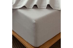 MooMee Fitted Bottom Sheet Only 100% Washed Cotton Linen Like Textured Breathable Durable Soft Comfy Deep Pocket Fits Mattress up to 17" (Natural Linen, Queen)