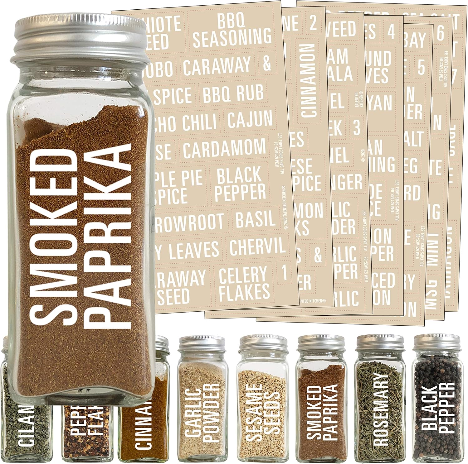 Talented Kitchen 134 White All Caps Spice Label Set: 134 Spice Names + Numbers. White Letters on Clear Sticker. Water Resistant for Spice Jars Organization Storage (Set of 134– All Caps White Spices): Kitchen & Dining