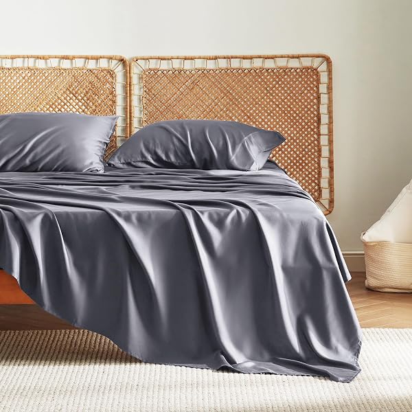 BEDSURE QUEEN SHEET SET, COOLING SHEETS FOR QUEEN SIZE BED SET, RAYON DERIVED FROM BAMBOO, BREATHABLE & SOFT DEEP POCKET UP TO 16 INCHES, HOTEL LUXURY SILKY BEDDING, BEDSHEET & PILLOWCASES, DARK GREY