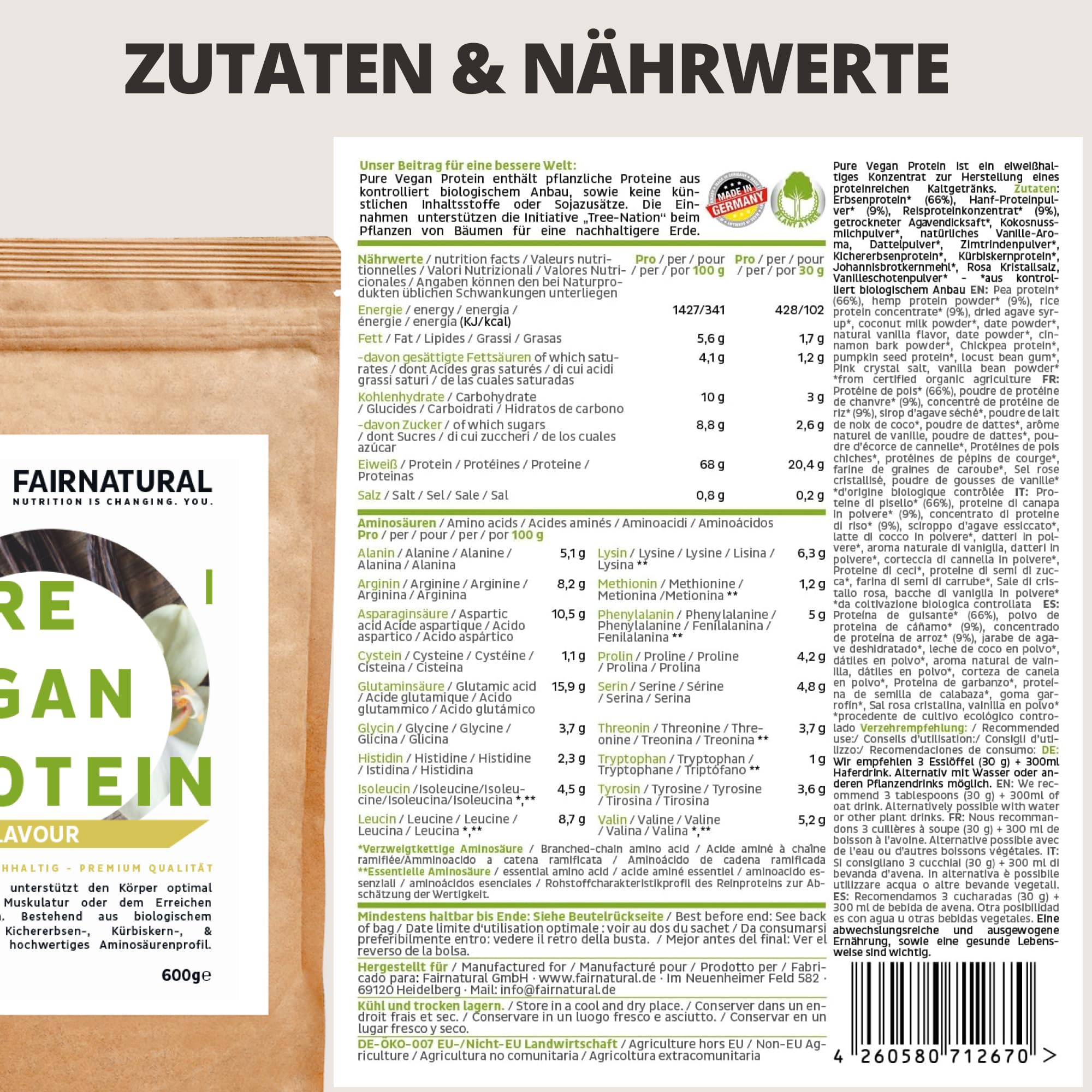 FAIRNATURAL Bio Veganes Proteinpulver Vanille ohne Soja [600G] 5K Protein Pulver Laktosefrei - Vegan Protein Powder - Pflanzliches Proteinpulver - Regional aus DE - Proteinshake Vegan - Eiweißpulver 5