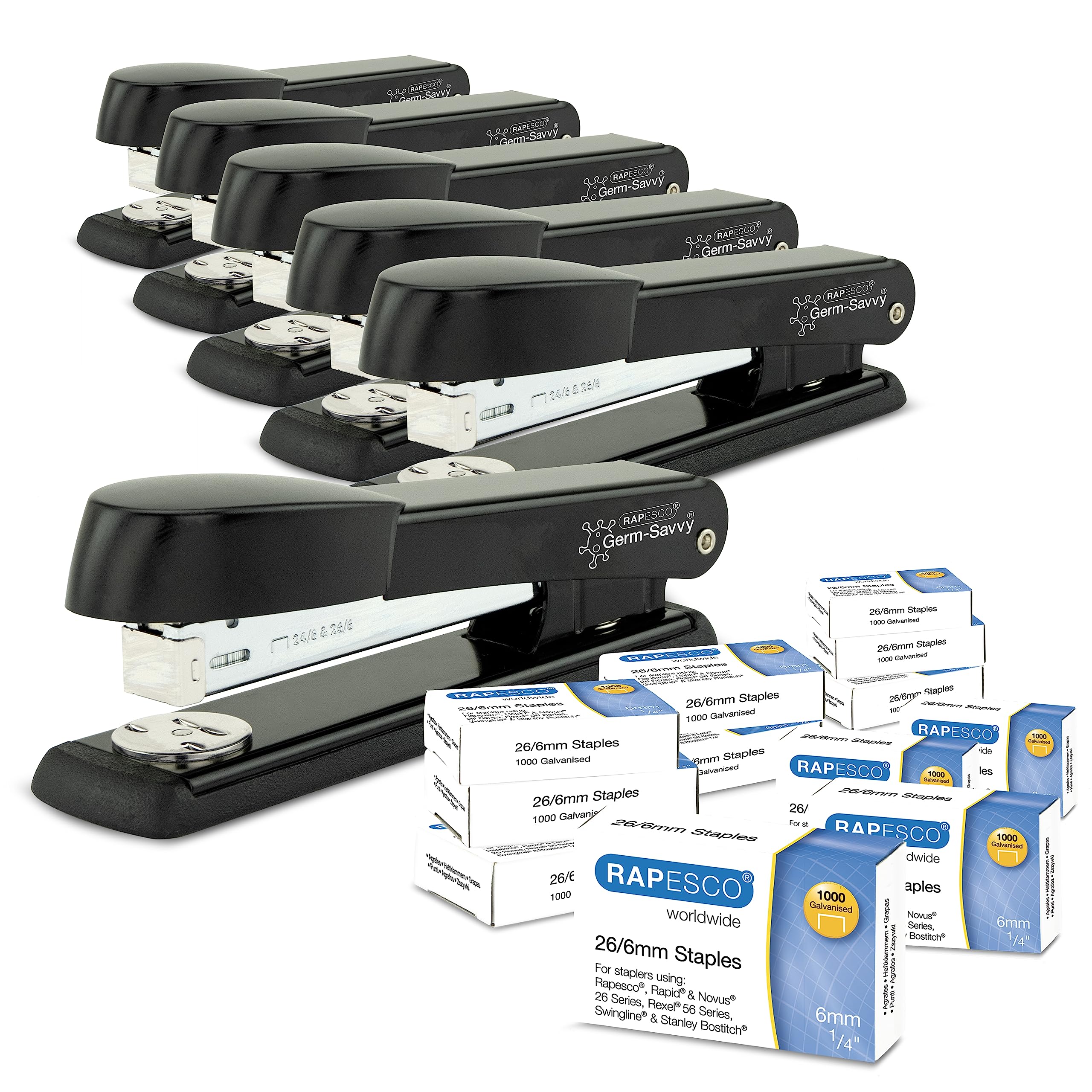Rapesco 1733 Business Pack: 6 Germ-Savvy Antibacterial Marlin Staplers, 25 Sheet Capacity, and 12 Boxes of 1000 26/6 mm Staples, Black