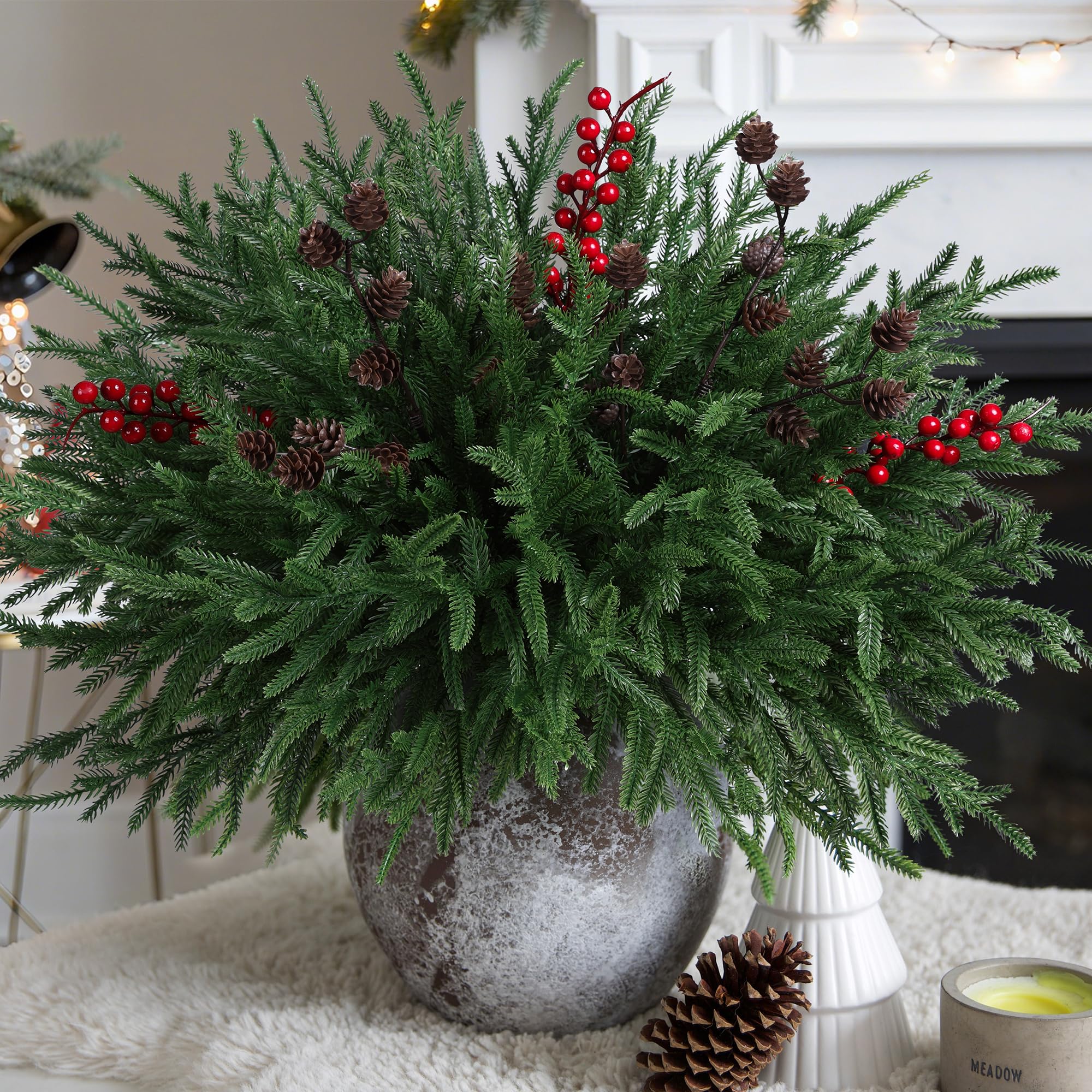 View 1 of (missing berries) Artificial Christmas Norfolk Pine Stems Branches for Vases,17 Bundles Faux Pine Branches with Pinecones and Red Berries