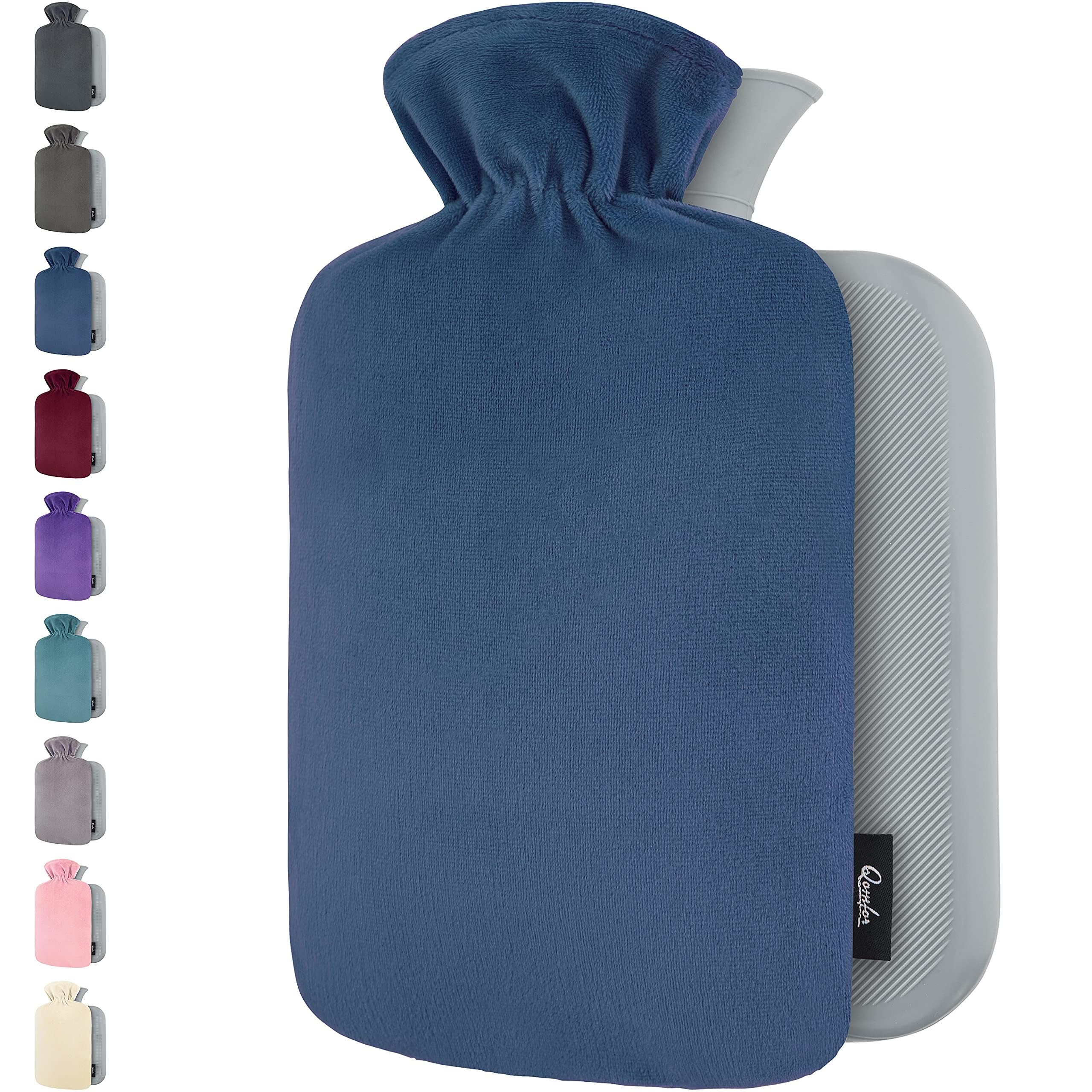 Hot Water Bottle - with Soft Premium Fleece Cover - Dark Blue, 2L - Heating Pad for Menstrual Cramps & Period Comfort - Bed Foot Warmer - Hot & Cold Compress for Back, Stomach, Neck Pain Relief