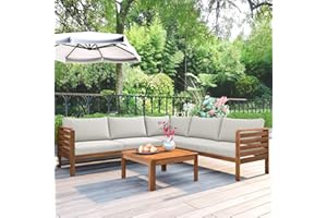 AOCHUANG Outdoor Eucalyptus Wood 4 Piece Sectional Sofa Set with Coffee Table and Removable Cushion, Patio Sectional Seating Group L Shape Corner Sofa Set for Garden Backyard Poolside (Natural wood+Beige)