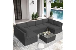 Oakcloud 7-Piece Outdoor Patio Furniture Sofa Set Black Rattan Wicker Sectional Conversation Sets with Glass Top Table and Cushions(Grey)