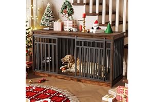 DWVO 55" Extra Large Dog Crate Furniture, Heavy Duty Metal Dog Kennel TV Stand with Sliding Door, Wooden Dog Cage Table with Dog Bowl for Extra Large Medium Dogs or 2 Small Dogs, Rustic Brown