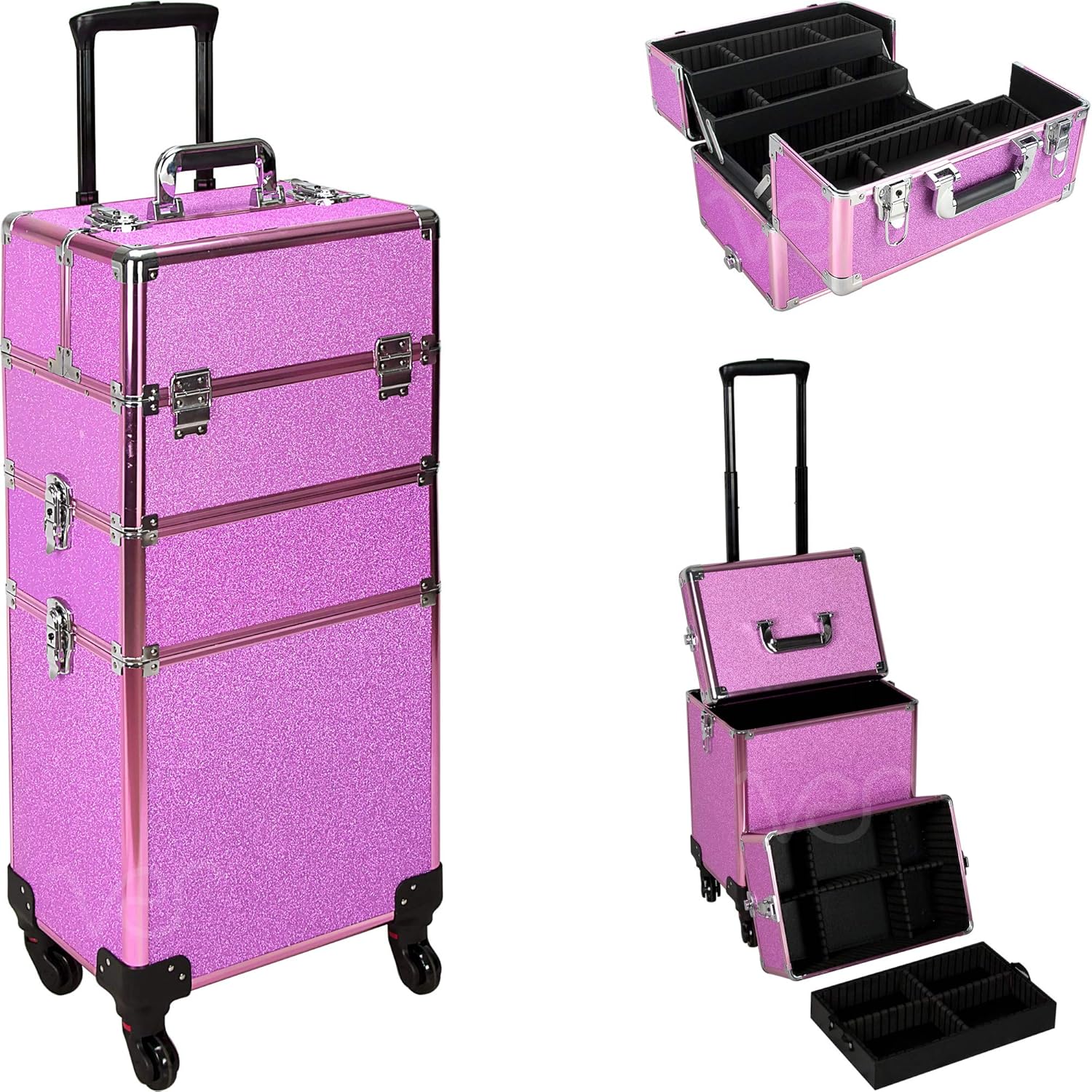 Ver Beauty Professional Rolling Makeup Case, Heavy Duty Makeup Artist Travel Case with 4 Extendable Trays, Magenta Glitter