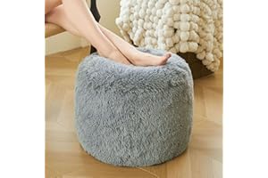 XeGe Fluffy Faux Fur Inflatable Pouf Ottoman, Soft Portable Shaggy Fuzzy Foot Stool, Gray Plush Furry Foot Rest Floor Pouf, Round Ottoman Cushion Living Room Bedroom Patio Dorm Desk, Light Grey
