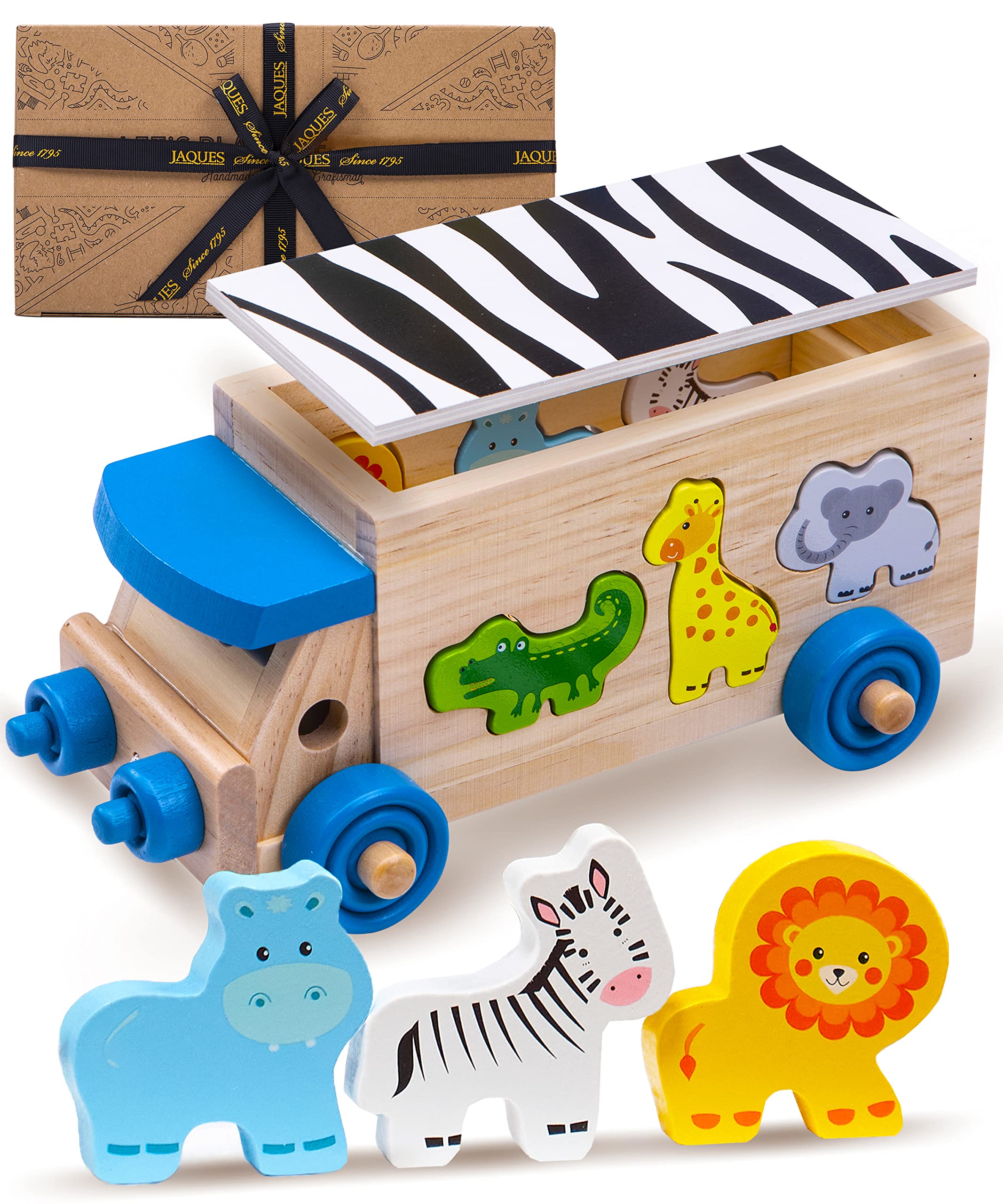Jaques of London Wooden Shape Sorter for 1 Year Old | Safari Bus Animal Wooden Toys for 1 2 3 Year Olds | Toddler Toy | Since 1795
