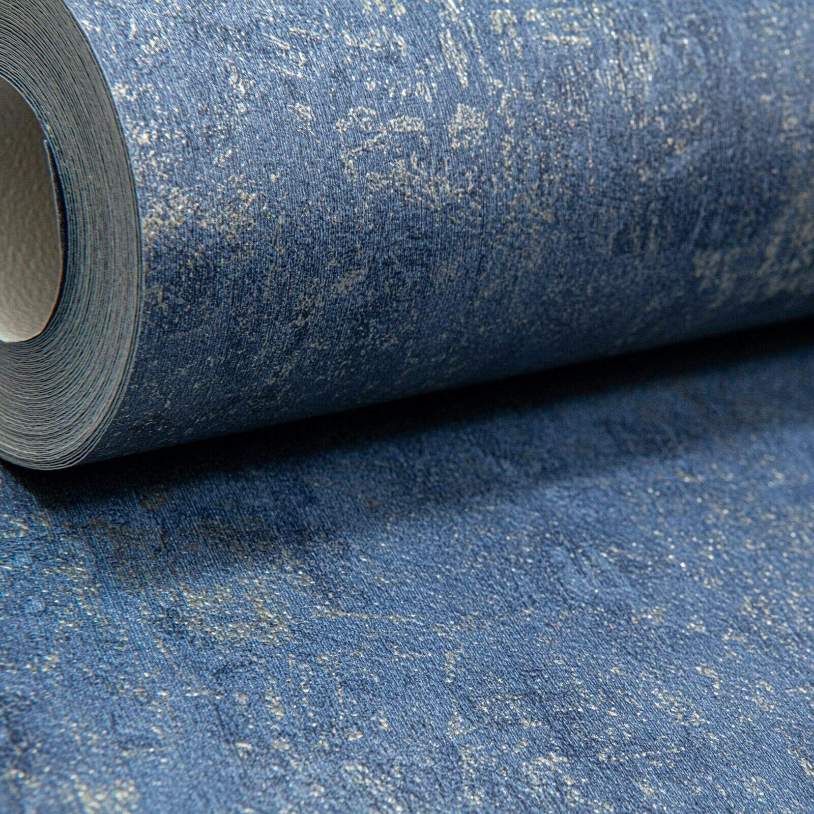 Muriva Travis Texture Navy Blue Metallic Gold Shimmer Plain Distressed Wallpaper
