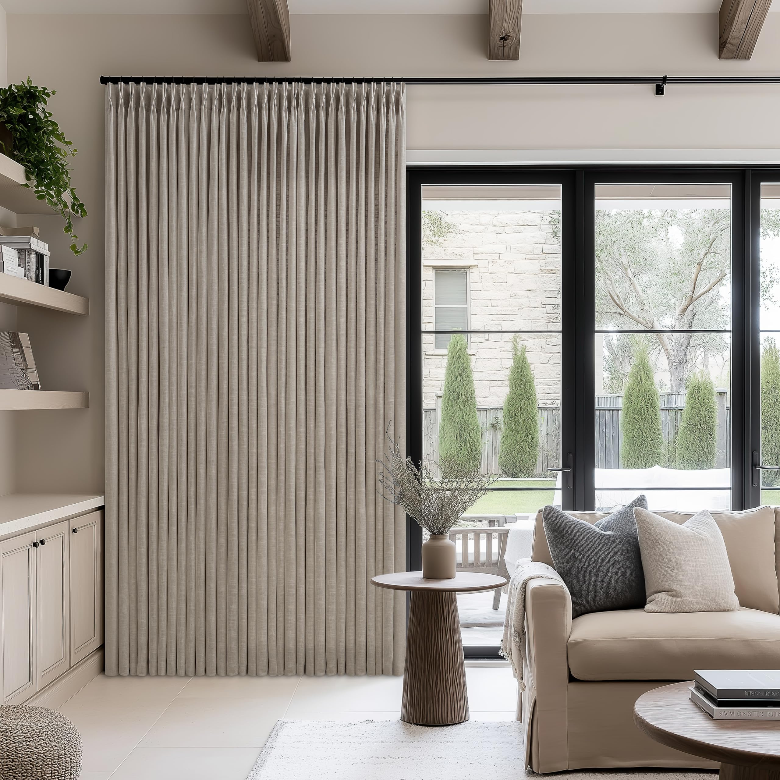 Photo 1 of Pinch Pleat Linen Curtains 90 Inches Long 100 Inch Wide for Patio Sliding Door Light Filtering Taupe Pleated Drapes Back Tab Burlywood Birch Living Dining Room Extra Wide 100 x 90 Curtain 1 Panel