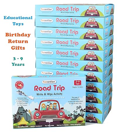 Funvention Educational Game Road Trip: Write and Wipe Activity Sheets (Pack of 12) - Observational Educational Game: Birthday Return Gifts