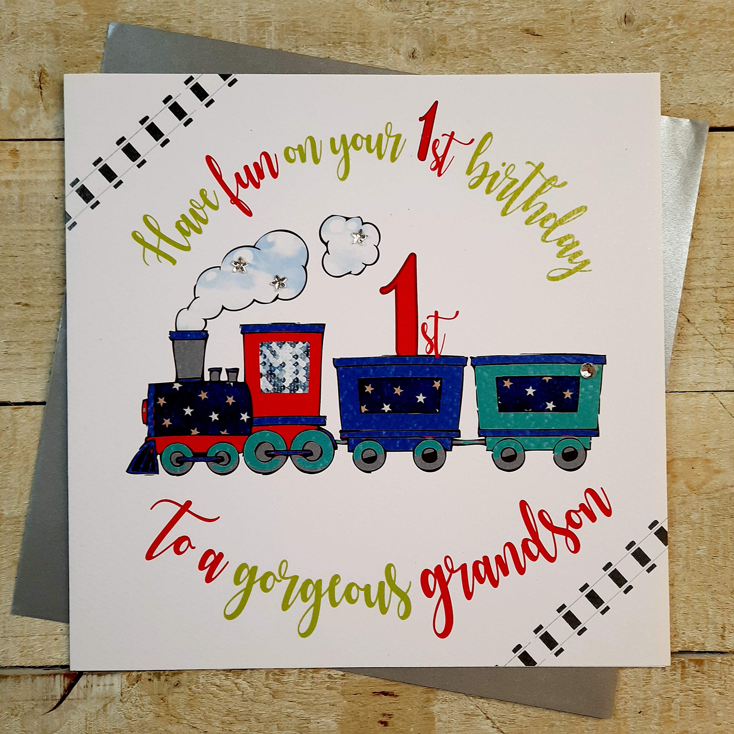 white cotton cards XR41 Large"Have Fun on Your 1st Birthday to a Gorgeous Grandson" Handmade Card,22cm x 22cm