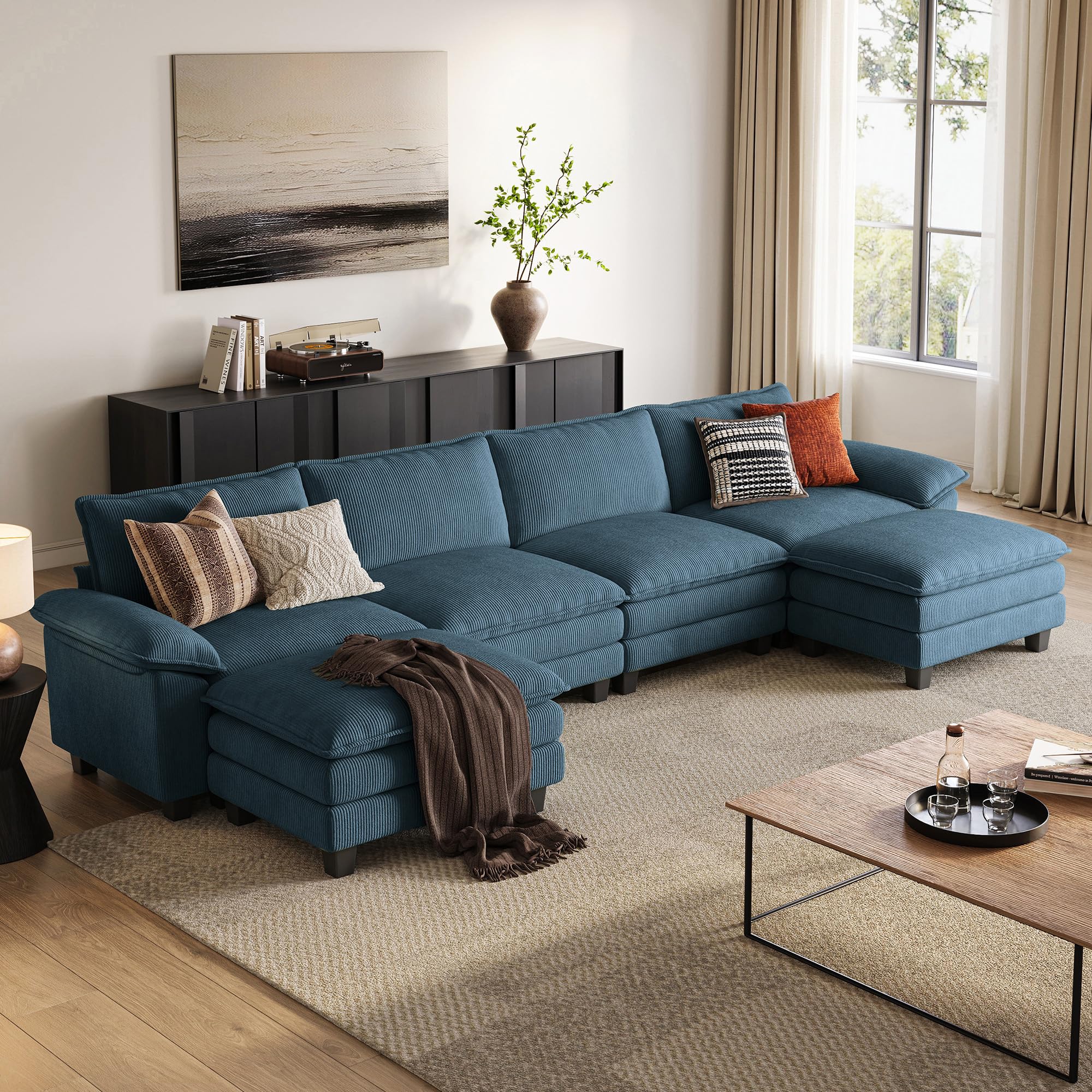 Photo 1 of ***INCOMPLETE***LINSY HOME 157'' Modular Sectional Sofa Blue Couch Corduroy Cloud Couches for Living Room, U Shaped Couch with Movable Ottoman, Modern Cloud Sectional Sofas for Bedroom and Apartment, Blue