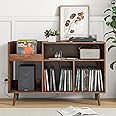 Jluomei Mid-Century Record Player Stand with Storage Vinyl Record Cabinet Record Player Table with Power Outlet Turntable Stand Large Record Holder Holds for Living Room Bedroom, Walnut