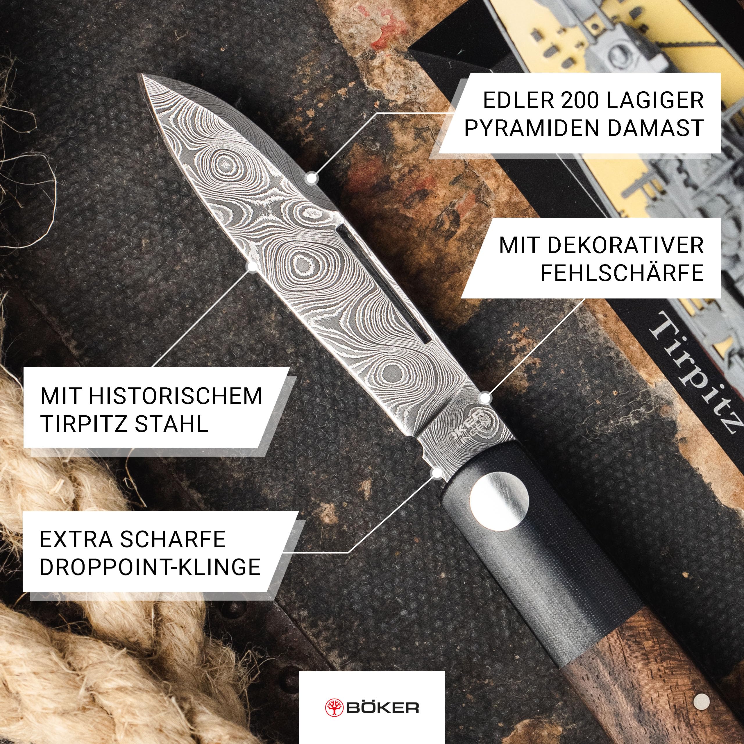 Böker Solingen® Barlow Prime Tirpitz-Damast - klassisches Slipjoint EDC Taschenmesser - Solinger Gentleman Klappmesser mit Holzgriff - Damaszener 2 Hand Messer Klassiker aus historischem Stahl 6