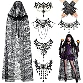 Jeere 7 Pcs Vampire Cloak Gothic Lace Cape Women Witch Costume Set Gothic Cape with Black Lace Gloves and Choker Set for Women Cosplay Tea Party Bride