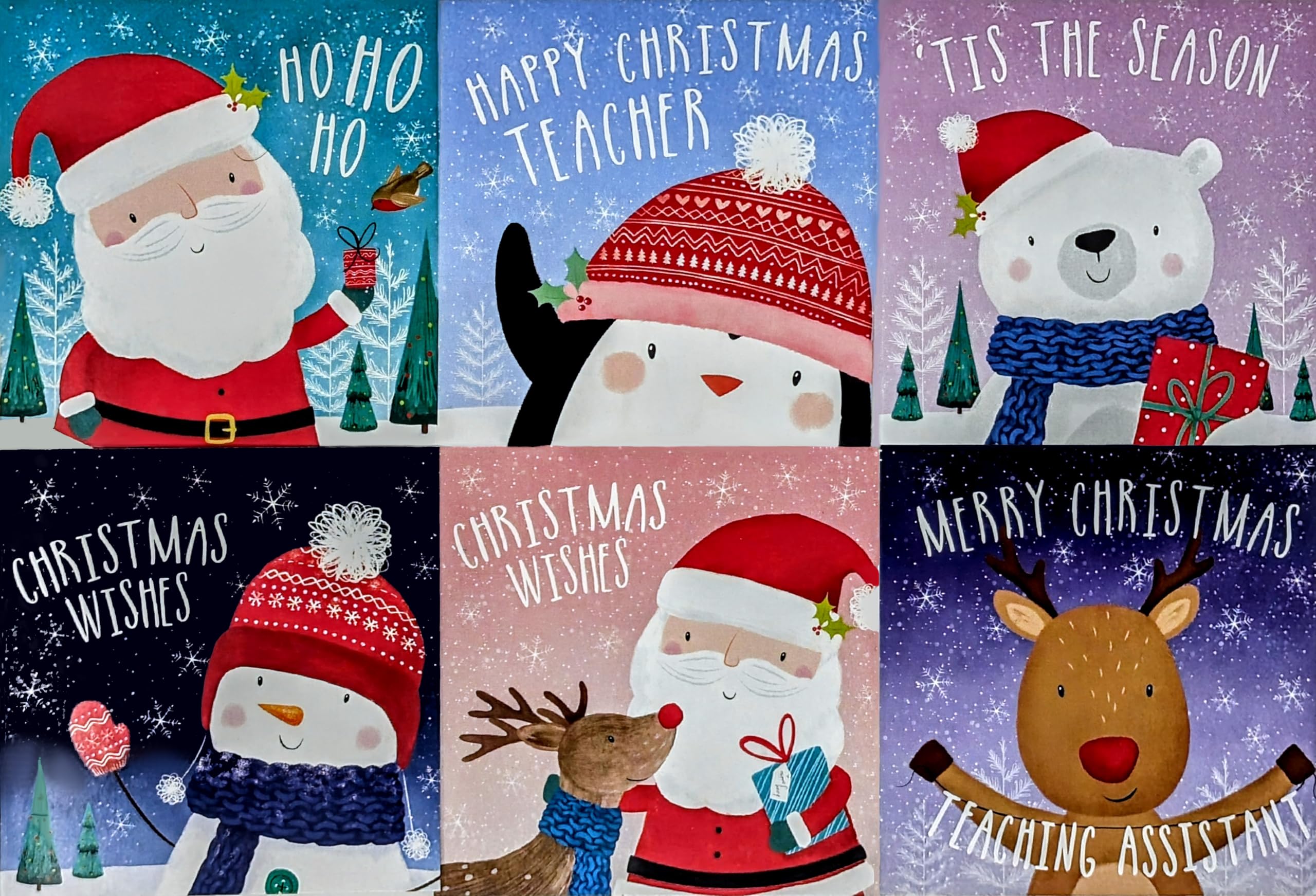 30 Mini Christmas Cards for Children with Envelopes – 6 Cute Festive Designs – Includes Teacher & Teaching Assistant Cards – 8 x 8 cm – Xmas Greeting Card Pack for Kids (Design 1)