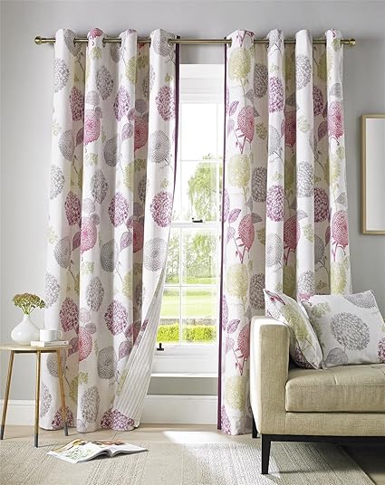 Homescapes Pink Green Grey And Cream Floral Curtain Pair