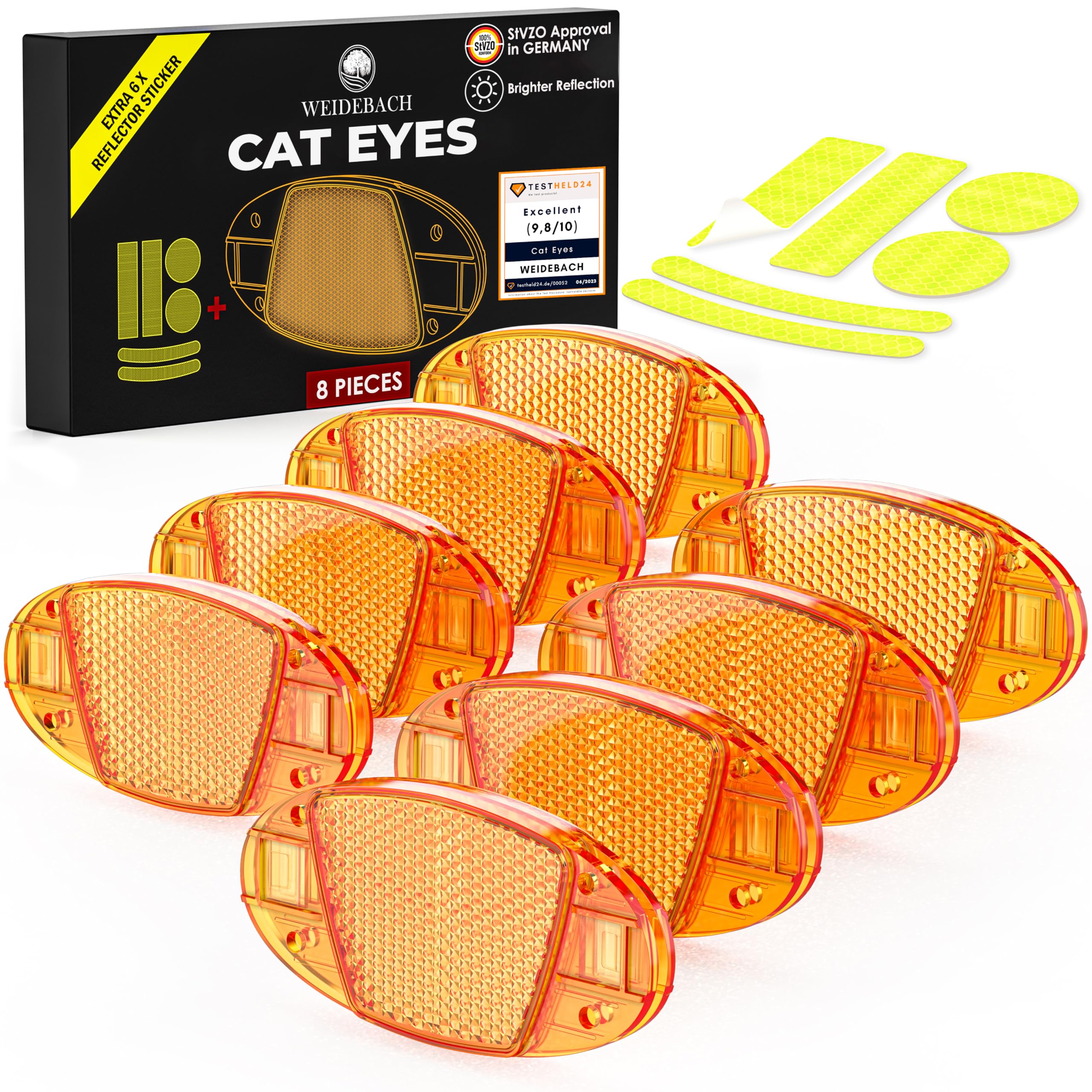 Weidebach® 8x Bicycle Spoke Reflectors With High Radiance, Cat Eyes Incl. 12 Reflective Stickers, Bicycle Reflectors Conform To Stvzo, Bicycle Reflectors For All Common Wheel Sizes