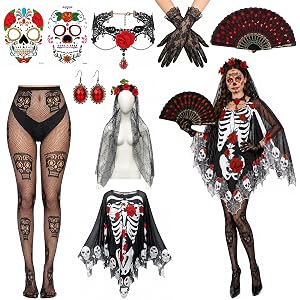 9 Pcs Day of The Dead Costume Cape Set, Halloween Skeleton Poncho Accessory with Rose Headband Earrings Necklace Stickers Sku