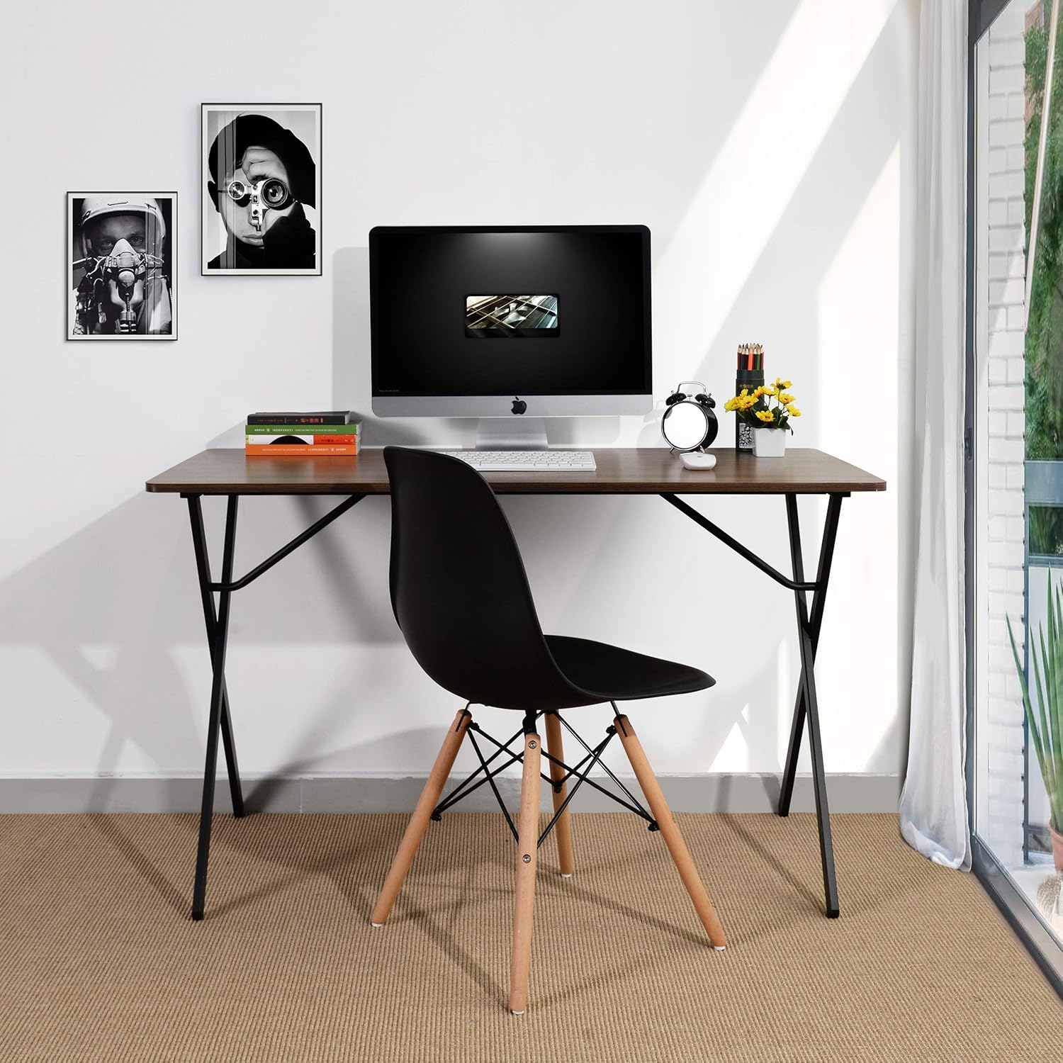 120 x 60 x 75 cm Table de Travail en Bois et Métal Noyer LiePu Bureau