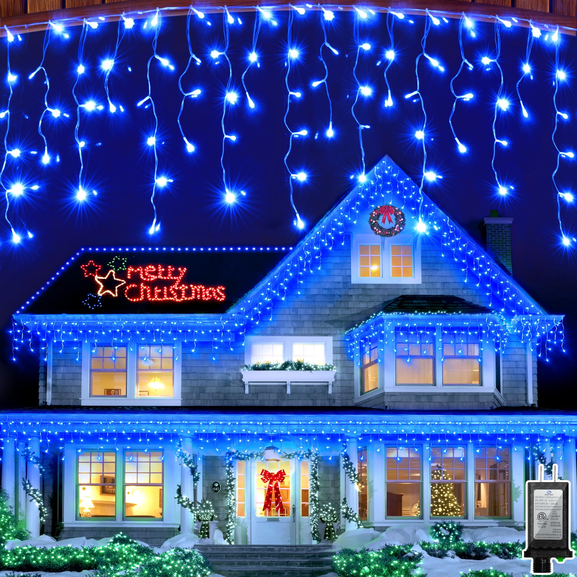 Photo 1 of 1620 LED 164ft 360 Drops Christmas Lights, Outdoor Hanging lights with 8 Modes & Timer Memory, Outside Waterproof Curtain String Light for House Fence Tree Holiday Wedding Party Decorations (Blue)