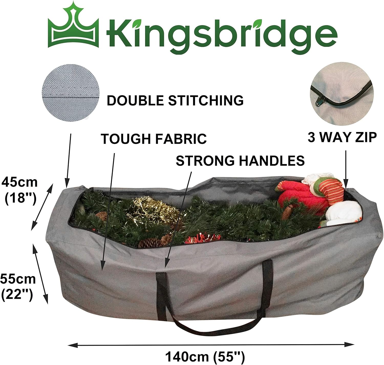 Kingsbridge Christmas Tree Storage Bag XL-Double Stitched Seams on Waterproof 600D Fabric-For 7ft/9ft Trees-3 Way Zip for Easy Loading-LxWxH 140cmx45cmx55cm Xmas Tree Storage Bag - Image 3