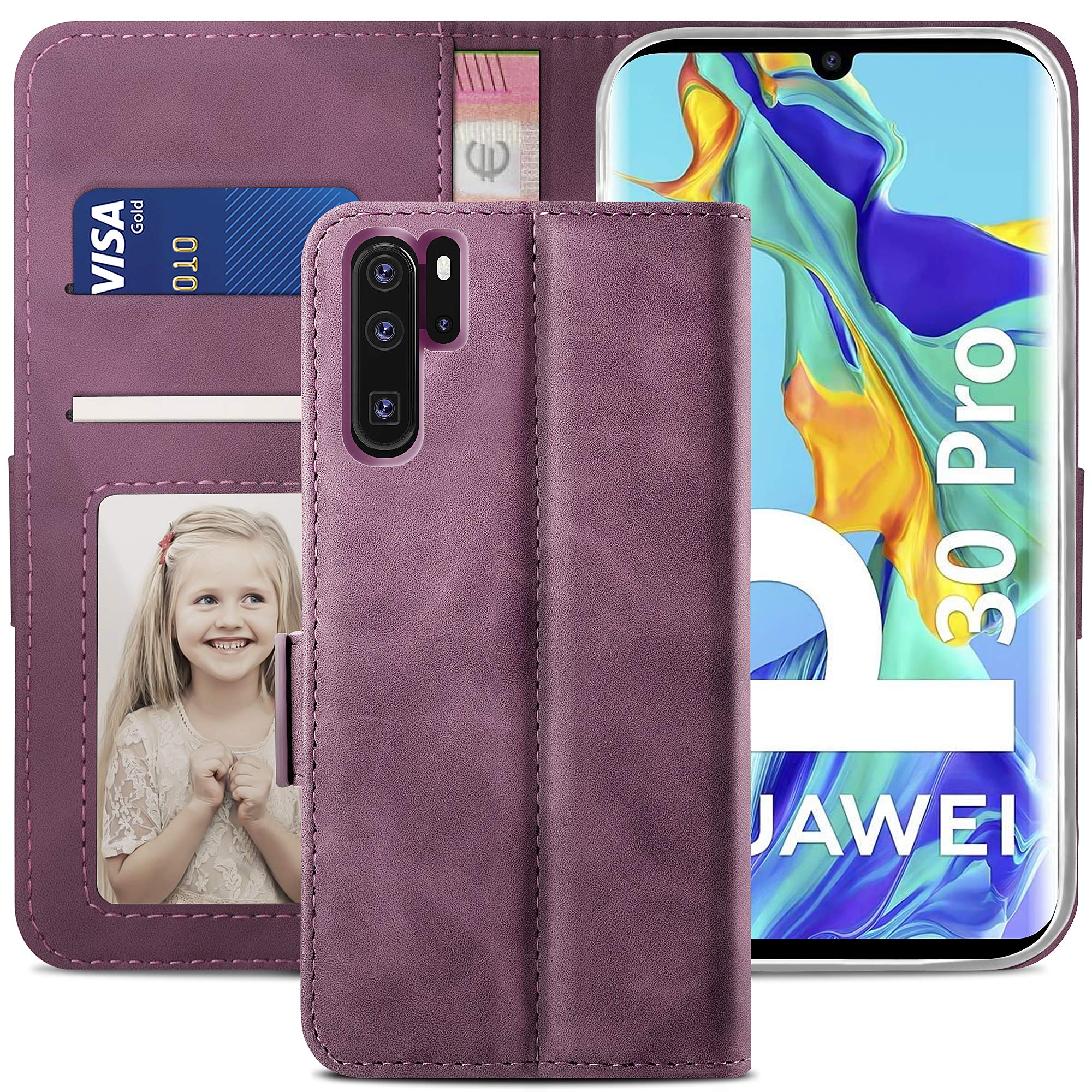 YATWIN Compatible with Huawei P30 Pro Case, Flip Wallet Leather Case with Card Slot and Shockproof Function Kickstand Phone Cases Cover for Huawei P30 Pro - Wine Red — image 1